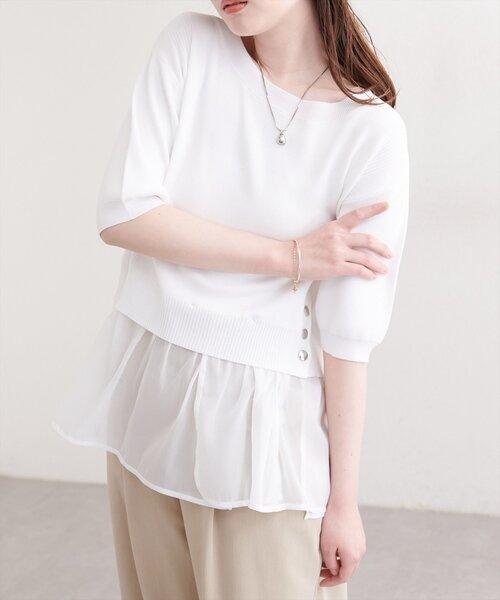 natural couture(ナチュラルクチュール)の「取り外し裾フリル付き半袖ニット(ニット/セーター・レディース・ネイビー/ブラック/サックスブルー/オフホワイト・FREE)」の5枚目の写真