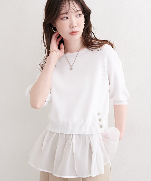 natural couture(ナチュラルクチュール)の「取り外し裾フリル付き半袖ニット(ニット/セーター・レディース・ネイビー/ブラック/サックスブルー/オフホワイト・FREE)」の6枚目の写真