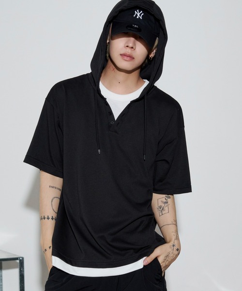 WEGO(ウィゴー)の「WEGO/フェイクレイヤードTパーカー(Tシャツ/カットソー・メンズ・ブラック/ブラウン/ネイビー・LARGE/MEDIUM)」の4枚目の写真