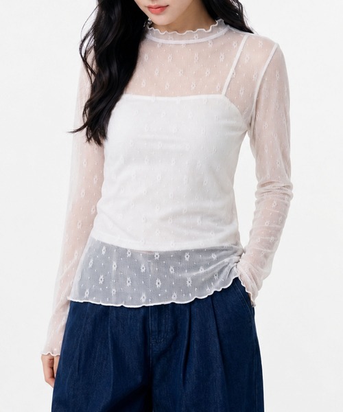 aimoha(アイモハ)の「小花柄プチハイネック長袖シアートップス(Tシャツ/カットソー・レディース・ブラック/ホワイト・M)」の7枚目の写真