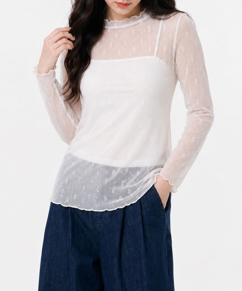 aimoha(アイモハ)の「小花柄プチハイネック長袖シアートップス(Tシャツ/カットソー・レディース・ブラック/ホワイト・M)」の9枚目の写真