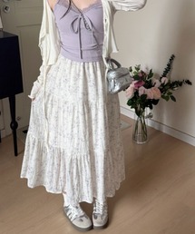 【Y2Kガーリー】レトロ小花柄ティアードロングスカート シフォンフレアスカート ウエストゴム