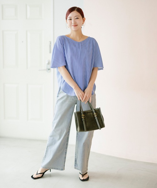 coca(coca)(コカ)の「【伊藤千晃様着用】\接触冷感・通気性/ ストレッチサマーデニムワイドパンツ(デニムパンツ・レディース・ブルー/ライトブルー・S/M/L)」の6枚目の写真