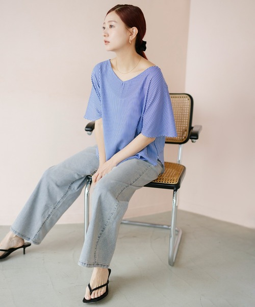 coca(coca)(コカ)の「【伊藤千晃様着用】\接触冷感・通気性/ ストレッチサマーデニムワイドパンツ(デニムパンツ・レディース・ブルー/ライトブルー・S/M/L)」の8枚目の写真