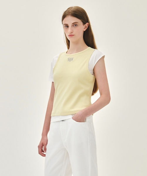 MARITHE + FRANCOIS GIRBAUD(マリテフランソワジルボー)の「W SMALL CLASSIC LOGO ONE SHOULDER LAYERED TEE(Tシャツ/カットソー・レディース・アイボリー/スカイブルー・MEDIUM/SMALL)」の1枚目の写真