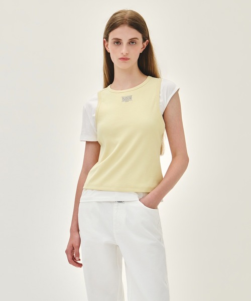 MARITHE + FRANCOIS GIRBAUD(マリテフランソワジルボー)の「W SMALL CLASSIC LOGO ONE SHOULDER LAYERED TEE(Tシャツ/カットソー・レディース・アイボリー/スカイブルー・MEDIUM/SMALL)」の3枚目の写真