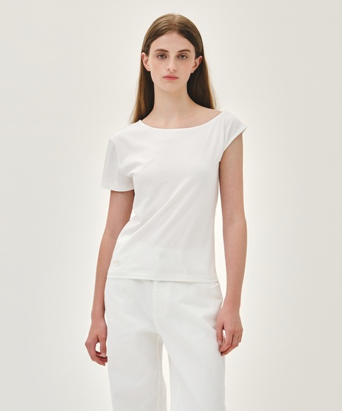 MARITHE + FRANCOIS GIRBAUD(マリテフランソワジルボー)の「W SMALL CLASSIC LOGO ONE SHOULDER LAYERED TEE(Tシャツ/カットソー・レディース・アイボリー/スカイブルー・MEDIUM/SMALL)」の4枚目の写真