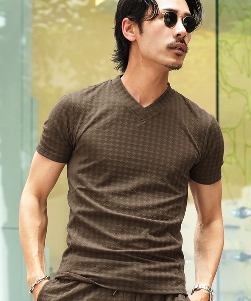 jiggys shop(ジギーズショップ)の「ダイヤジャガード Vネック スリムフィット ストレッチ 半袖Tシャツ カットソー(Tシャツ/カットソー・メンズ・ホワイト/チャコールグレー/ブラック/ネイビー/ブラウン・MEDIUM/LARGE/X-LARGE)」の5枚目の写真