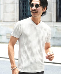 ダイヤジャガード Vネック スリムフィット ストレッチ 半袖Tシャツ カットソー