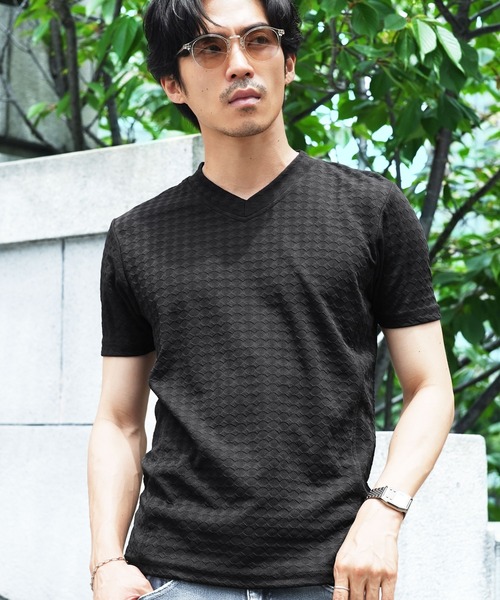 jiggys shop(ジギーズショップ)の「ダイヤジャガード Vネック スリムフィット ストレッチ 半袖Tシャツ カットソー(Tシャツ/カットソー・メンズ・ホワイト/チャコールグレー/ブラック/ネイビー/ブラウン・MEDIUM/LARGE/X-LARGE)」の14枚目の写真