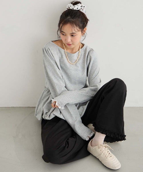forksy.（フォルクシー）の「【forksy.】<エブリデイシリーズ>フリルヘム ダンボール イージーフレアパンツ（スウェットパンツ・レディース・チャコールグレー/ダークブラウン/ブラック/ライトピンク/杢グレー/アイボリー・M/L）」の18枚目の写真