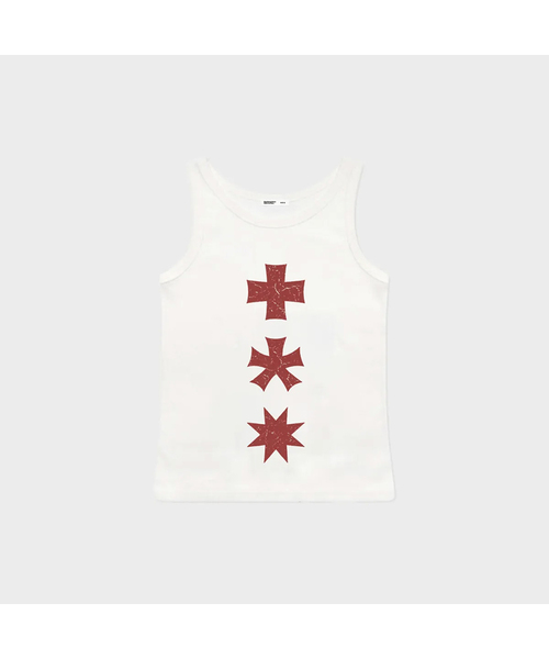 mydeepbluememories(マイディープブルーメモリーズ)の「(W) MM THREE SYMBOL SLEEVELESS (4 colors)(Tシャツ/カットソー・レディース・ブラック×グレー/ブラック×イエロー/ホワイト×レッド/ホワイト×ブラック・ONE SIZE)」の1枚目の写真