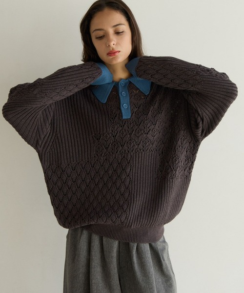 PBLIM(ページボーイリム)の「《UNISEX》パッチワークニットポロ(ニット/セーター・レディース・ベージュ/チャコールグレー・FREE)」の2枚目の写真