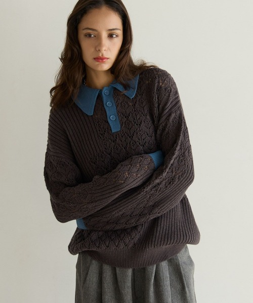 PBLIM(ページボーイリム)の「《UNISEX》パッチワークニットポロ(ニット/セーター・レディース・ベージュ/チャコールグレー・FREE)」の3枚目の写真
