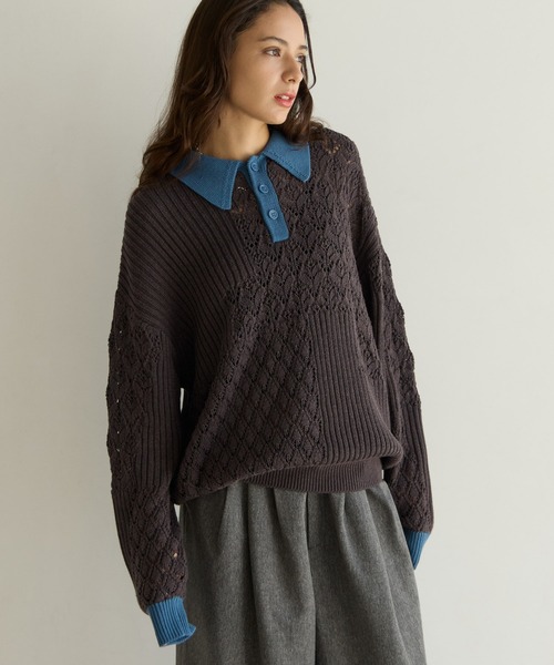 PBLIM(ページボーイリム)の「《UNISEX》パッチワークニットポロ(ニット/セーター・レディース・ベージュ/チャコールグレー・FREE)」の4枚目の写真