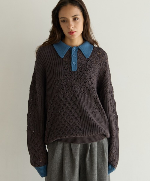 PBLIM(ページボーイリム)の「《UNISEX》パッチワークニットポロ(ニット/セーター・レディース・ベージュ/チャコールグレー・FREE)」の5枚目の写真