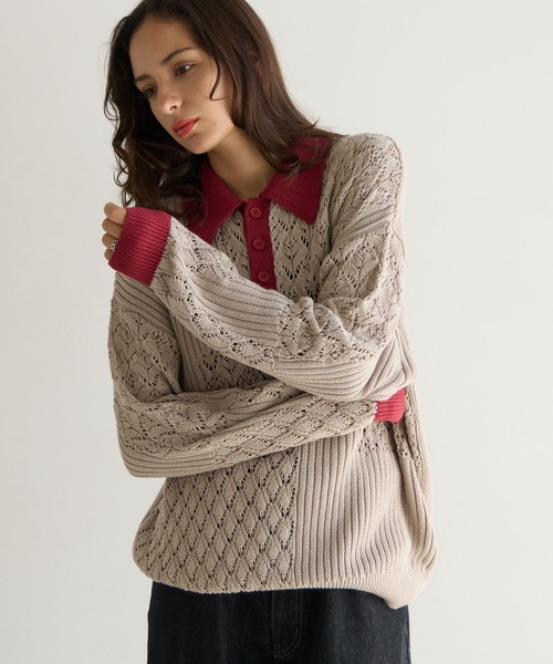 PBLIM(ページボーイリム)の「《UNISEX》パッチワークニットポロ(ニット/セーター・レディース・ベージュ/チャコールグレー・FREE)」の21枚目の写真