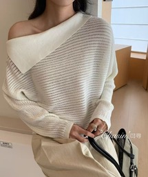 ワンショルダー フリル オフショルダー クロシェ編み ニットトップス