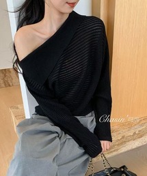ワンショルダー フリル オフショルダー クロシェ編み ニットトップス