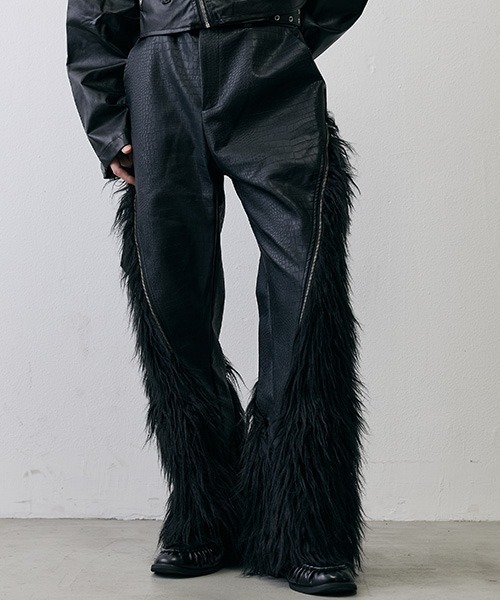 セール】Grunge Fur Flare Leather Pants / グランジファー合成皮革