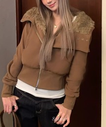 ファーカラー ショート丈 スリムジャケット