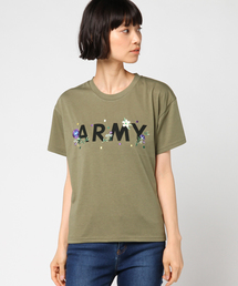 Denime | ARMYプリントフラワー刺繍Tシャツ(Tシャツ/カットソー)