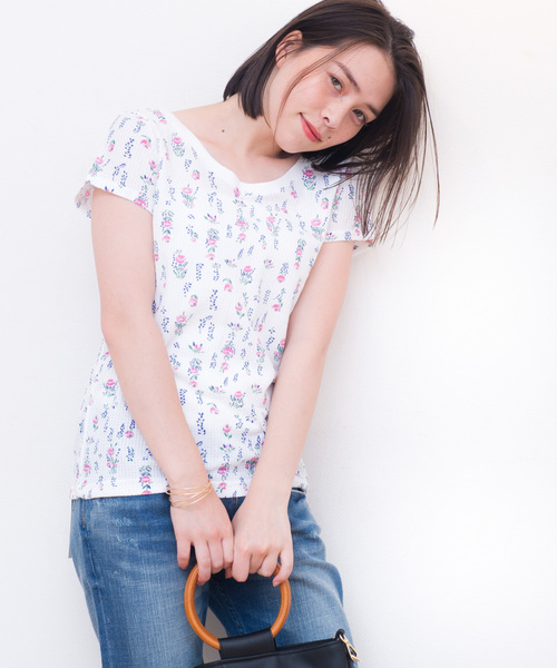 JEMORGAN(ジェーイーモーガン)の「JEMORGAN / サーマル 花柄 ショートスレーブ クルーネックTシャツ (セットアップ対応)(Tシャツ/カットソー・レディース・ホワイト/グレー・FREE)」の2枚目の写真