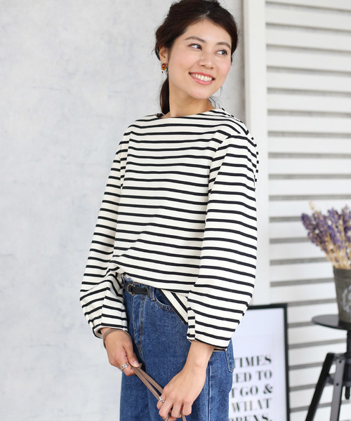 Bou Jeloud(ブージュルード)の「プチプラ◆袖タック裏起毛ボーダーカットソー(Tシャツ/カットソー・レディース・ブラック/オフホワイト・38)」の2枚目の写真