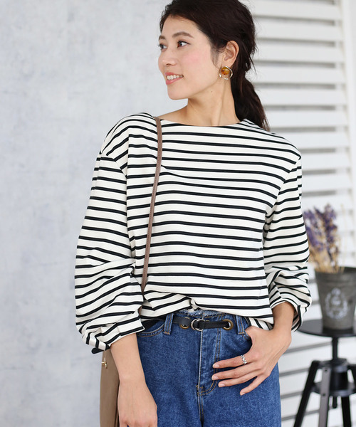 Bou Jeloud(ブージュルード)の「プチプラ◆袖タック裏起毛ボーダーカットソー(Tシャツ/カットソー・レディース・ブラック/オフホワイト・38)」の3枚目の写真
