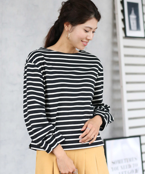 Bou Jeloud(ブージュルード)の「プチプラ◆袖タック裏起毛ボーダーカットソー(Tシャツ/カットソー・レディース・ブラック/オフホワイト・38)」の7枚目の写真
