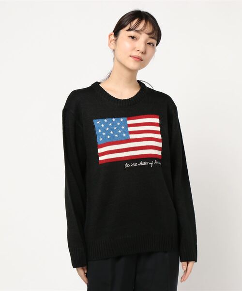 Bling Leads(ブリングリーズ)の「【Bl】USフラッグ ジャガードクルーネックニット(ニット/セーター・レディース・ブラック/ベージュ/ネイビー/アイボリー・MEDIUM/X-LARGE/LARGE)」の9枚目の写真