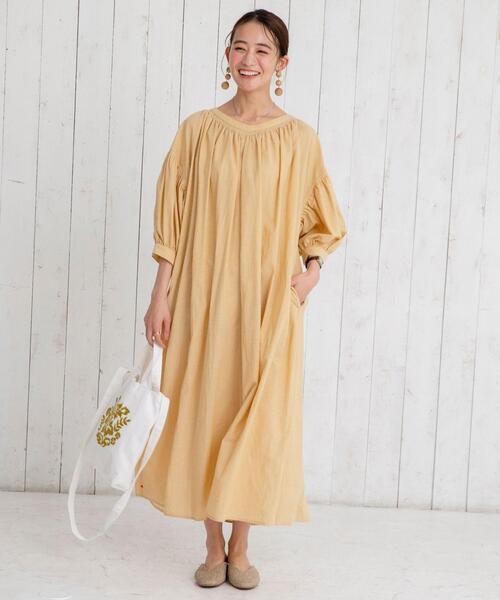 coen（コーエン）の「ヨクバリネン・マキシ丈ギャザーワンピース#（ワンピース・レディース・ベージュ/ネイビー/イエロー・FREE）」の18枚目の写真
