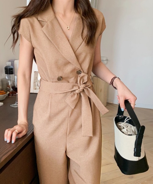 Duo Duo オールインワン　ベージュ　フリーサイズ　半袖　夏服　レディース Re:EDIT（リエディ）の「[低身長/高身長サイズ有]ベアルーズ