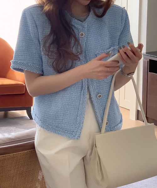 ドレステリア　リネン　コットン　ツイード　ノーカラー　ジャケット　半袖　ベルト ラスト1点】HAVERSACK リネンシルクツイードノーカラー