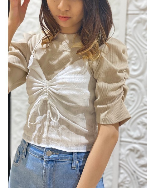 NOMAE（ノーマエ）の「【NOMAE】ギャザースリーブカットソー（Tシャツ/カットソー・レディース・ホワイト/ブラック/ベージュ/ライトグリーン・FREE）」の3枚目の写真