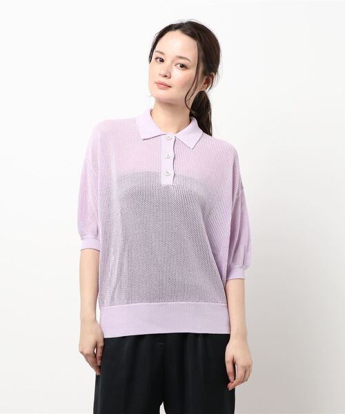 koe(コエ)の「シアーニットポロシャツ*(ニット/セーター・レディース・グリーン系その他3/パープル/アイボリー・FREE)」の1枚目の写真