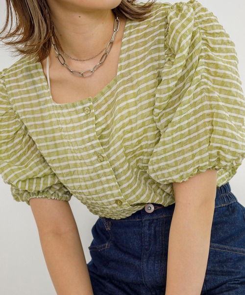 w closet（ダブルクローゼット）の「サッカーチェック2WAYブラウス（シャツ/ブラウス・レディース・ライム/ピンク系・FREE）」の2枚目の写真