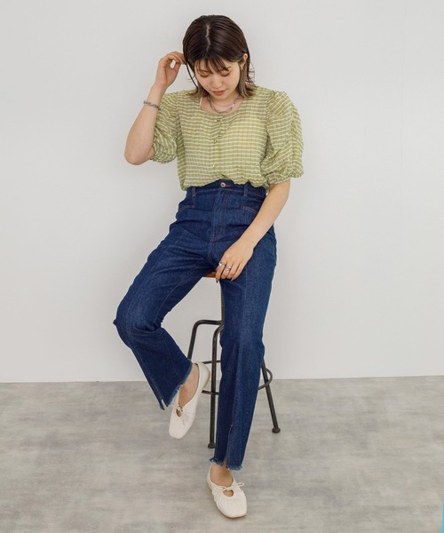 w closet（ダブルクローゼット）の「サッカーチェック2WAYブラウス（シャツ/ブラウス・レディース・ライム/ピンク系・FREE）」の5枚目の写真