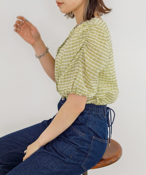 w closet（ダブルクローゼット）の「サッカーチェック2WAYブラウス（シャツ/ブラウス・レディース・ライム/ピンク系・FREE）」の6枚目の写真