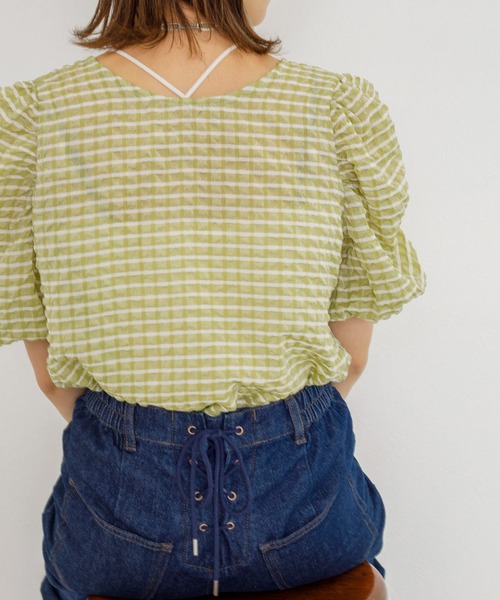 w closet（ダブルクローゼット）の「サッカーチェック2WAYブラウス（シャツ/ブラウス・レディース・ライム/ピンク系・FREE）」の7枚目の写真