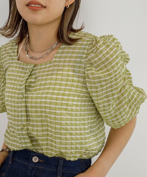 w closet（ダブルクローゼット）の「サッカーチェック2WAYブラウス（シャツ/ブラウス・レディース・ライム/ピンク系・FREE）」の9枚目の写真