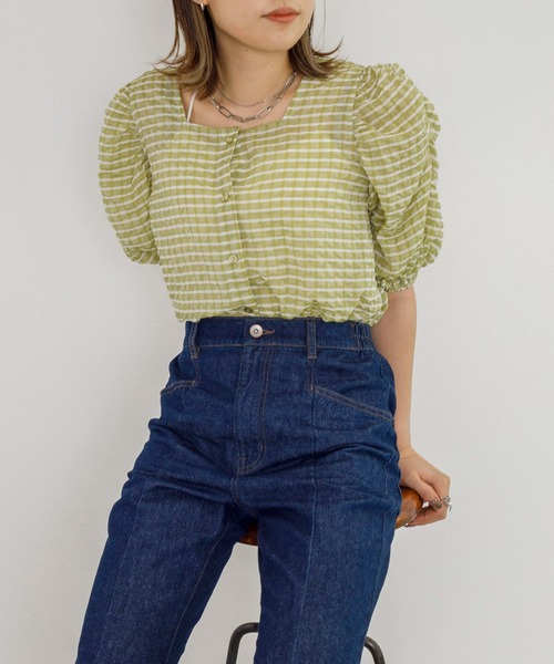 w closet（ダブルクローゼット）の「サッカーチェック2WAYブラウス（シャツ/ブラウス・レディース・ライム/ピンク系・FREE）」の10枚目の写真