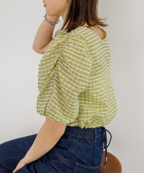 w closet（ダブルクローゼット）の「サッカーチェック2WAYブラウス（シャツ/ブラウス・レディース・ライム/ピンク系・FREE）」の13枚目の写真