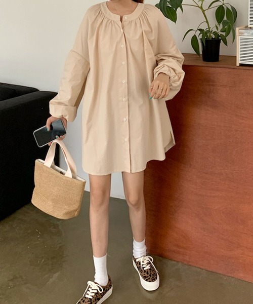 Bifrost(ビフレスト)の「ランタンスリーブシャツワンピース(シャツワンピース・レディース・ベージュ/ネイビー・F)」の4枚目の写真