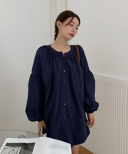 Bifrost(ビフレスト)の「ランタンスリーブシャツワンピース(シャツワンピース・レディース・ベージュ/ネイビー・F)」の7枚目の写真