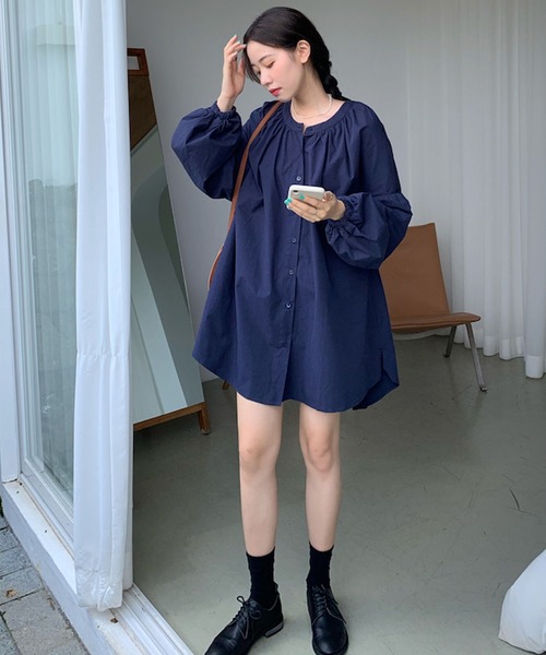 Bifrost(ビフレスト)の「ランタンスリーブシャツワンピース(シャツワンピース・レディース・ベージュ/ネイビー・F)」の5枚目の写真