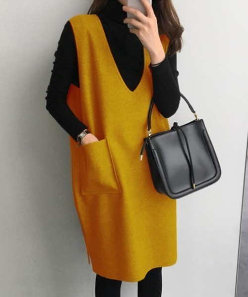 ABITOKYO(アビトーキョー)の「ニットメルトンVネックジャンパースカート(ジャンパースカート・レディース・グレー/キャメル/ブルーグレー/ライトグリーン/チャコールグレー/グリーン/ネイビー/ブラック/ベージュ・M/L/XL)」の9枚目の写真