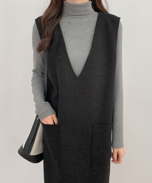 ABITOKYO(アビトーキョー)の「ニットメルトンVネックジャンパースカート(ジャンパースカート・レディース・グレー/キャメル/ブルーグレー/ライトグリーン/チャコールグレー/グリーン/ネイビー/ブラック/ベージュ・M/L/XL)」の22枚目の写真