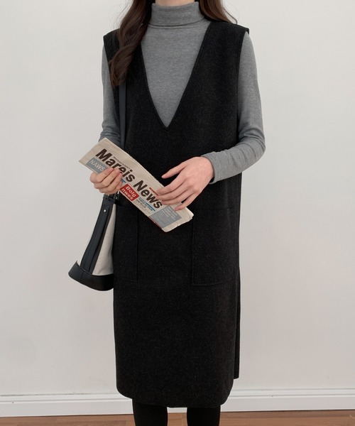 ABITOKYO(アビトーキョー)の「ニットメルトンVネックジャンパースカート(ジャンパースカート・レディース・グレー/キャメル/ブルーグレー/ライトグリーン/チャコールグレー/グリーン/ネイビー/ブラック/ベージュ・M/L/XL)」の20枚目の写真