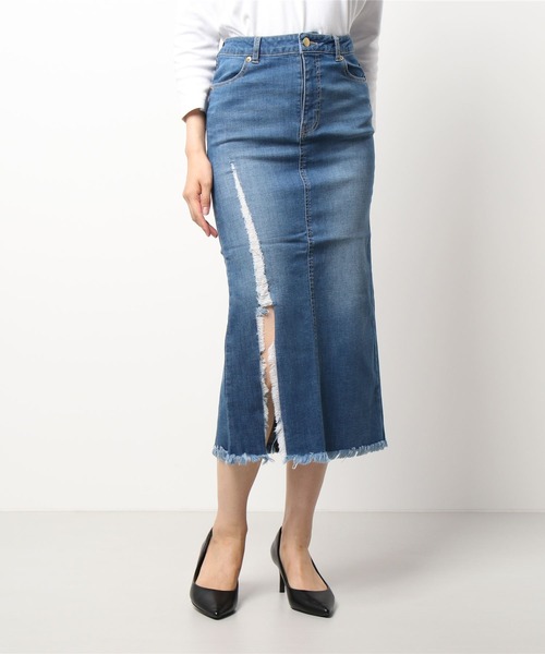 DURAS（デュラス）の「スリット入リストレッチデニムスカート（デニムスカート・レディース・インディゴブルー/ダークインディゴブルー・SMALL/MEDIUM）」の2枚目の写真